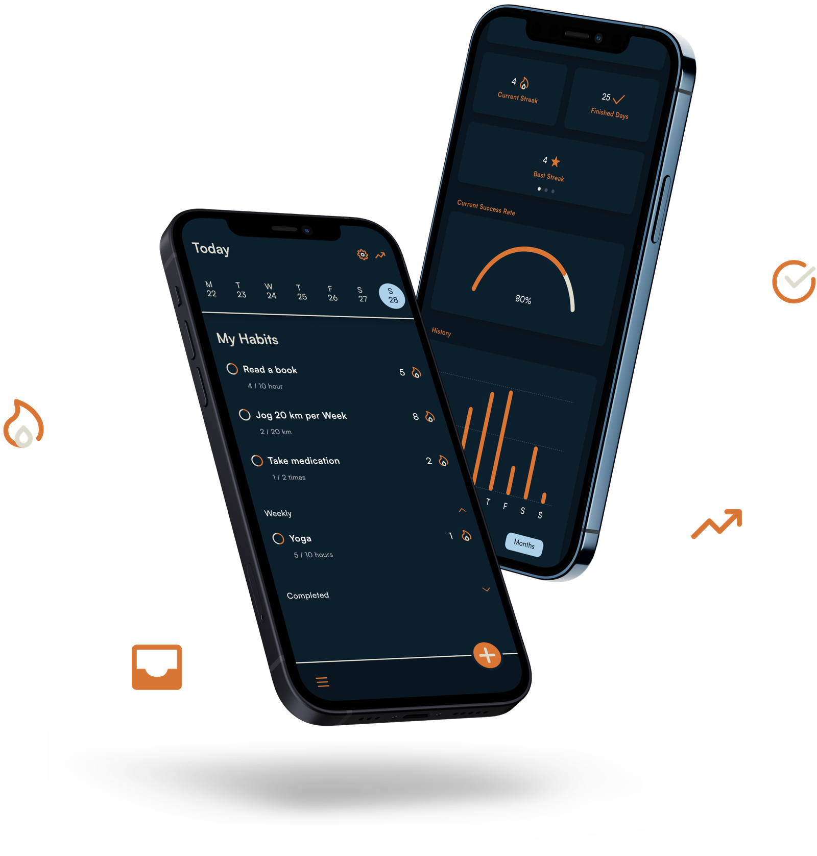 This picture shows 2 Apple Iphones seen from a front/side view, displaying the habit and task management app "Pulsaru". The Iphone on the left displays the overview page of all habits, colored mostly in shade of dark blue and some accents of orange and bright blue. The Iphone on the right displays an analytics page, where you can track certain data collected for habits tracking. Around the two phones are floating icons such as a flame, an Inbox, a checkbox and an upward pointing arrow.